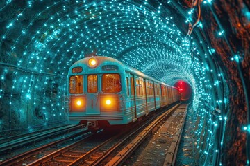 A powerful train barrels through a dark tunnel, its glowing lights illuminating the tracks and filling the night with a sense of speed and electricity