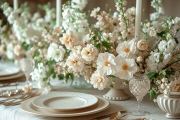 Obraz na płótnie Canvas An elegant tablescape adorned with a vibrant floral centerpiece and delicate porcelain dishes, creating a romantic and timeless ambiance for a special occasion