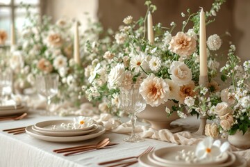 A romantic dinner setting with delicate porcelain dishware, a stunning floral centerpiece, and flickering candles creating a dreamy ambiance