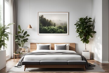 Artistic Simplicity: Highly Detailed Wide Angle Photograph of a Modern Bedroom Oasis