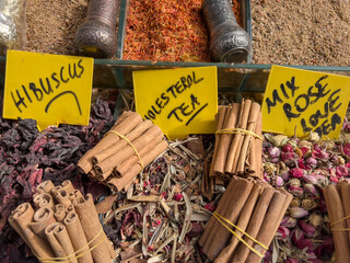 herbal tea and spices on bazaar market stall