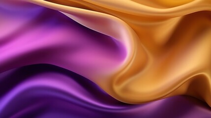 Abstract Background with 3D Wave Bright Silk Fabric. Gradient Combination Purple and Gold Colors
