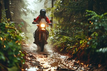 Motorcyclist riding on a dirt road in the rain forest. Motocross. Enduro. Extreme sport concept.