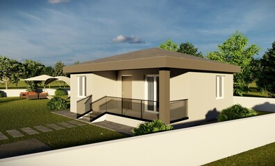 3D Render of concrete village House with vast garden. Porch entrance with glass railing. Garden furniture set, swing. Landscape design in the garden and mountainous landscape in the background.