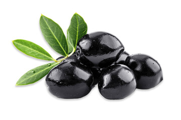black olives with leaves isolate transparent background