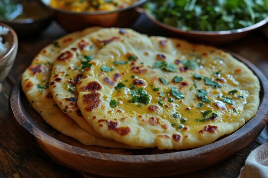 Delicious makhani rava naan and flavorful daal with channa masala on a plate, gudi padwa sweets and cuisine picture
