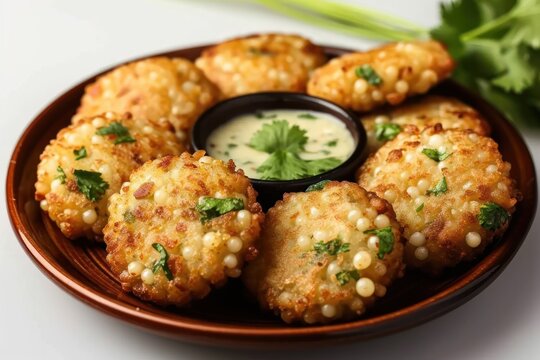 Tasty sabudana vada a north indian street food with chutney crunchy fried snack made from tapioca pearls perfect for a delightful treat, gudi padwa sweets and cuisine image