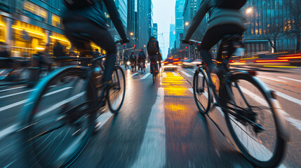 A city bike lane bustling with commuters during rush hour. - obrazy, fototapety, plakaty