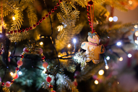 christmas tree close up of christmas ornaments