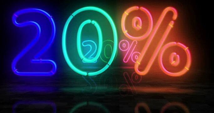 20% neon symbol. Light color bulbs. 20 percent off sale and discount promotion retail abstract seamless and loopable concept. 3d flying through the tunnel animation.