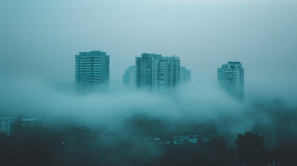 A city during a foggy morning with buildings partially obscured by mist.