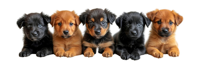 Dogs, cute puppies in a row isolated on white transparent, PNG - obrazy, fototapety, plakaty