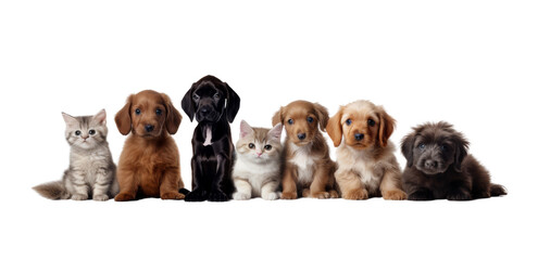 Cute pets domestic animals, puppies and kittens in a row isolated on white transparent, PNG