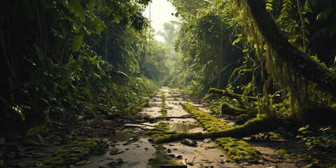 Fototapeta premium Empty wide abandoned jungle path with fallen trees.Road is covered in moss, ivy, jungle plants. Adventure. Generative AI