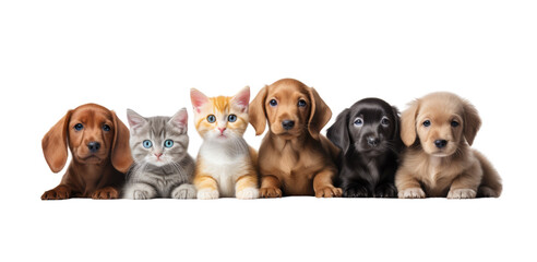 Cute pets domestic animals, puppies and kittens in a row isolated on white transparent, PNG - obrazy, fototapety, plakaty