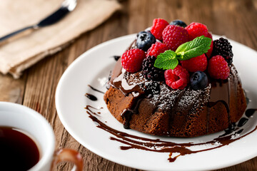 フレッシュベリーとチョコレートソースをデコレーションしたチョコレートクグロフケーキ