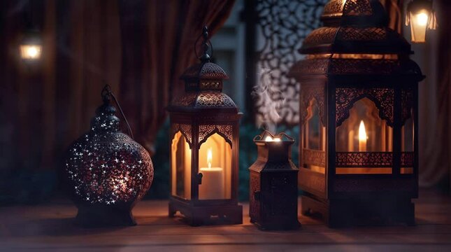 Ramadan warm lights lantern, islamic muslim holiday background with eid lantern or lamp
