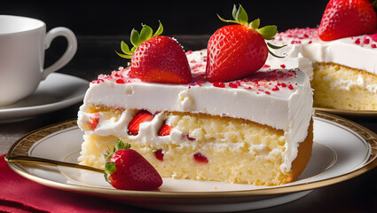Delicious strawberry and berry cheesecake on a white plate, topped with cream, a tempting slice of baked goodness that combines the sweetness of strawberries with the richness of cheesecake