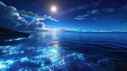 Fototapeta na wymiar night ocean in moonlight, fluorescent ocean, moonlight, sparkling stars