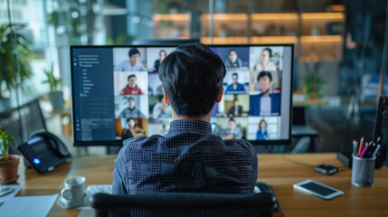 A person is attending a virtual meeting with multiple participants displayed on a large monitor in an office setting. - obrazy, fototapety, plakaty