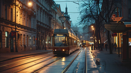 Fototapeta na wymiar A city street with historic trams and old buildings evoking a sense of nostalgia.