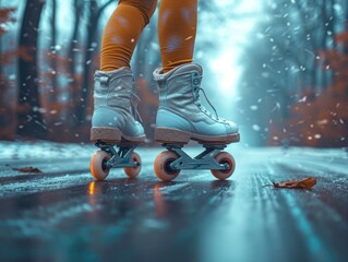 Fototapeta na wymiar A daring skater glides gracefully through the rain-soaked streets, their white boots and trusty skateboard propelling them forward in a thrilling display of athletic prowess
