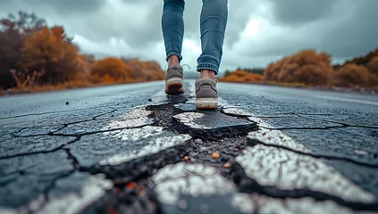 Foto op Plexiglas Amidst the vibrant autumn colors, a solitary figure walks along a cracked road, their worn footwear treading over the broken ground as the cloudy sky looms above and a lone tree stands guard in the d © Vladan