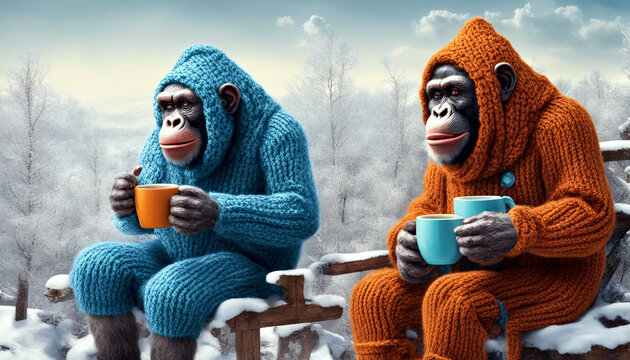 Zwei Affen in Stricksachen sitzen im Winter auf einer Bank und haben hei&szlig;e Getr&auml;nke dabei.
