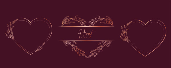 Hand drawn gold floral heart wreath and leaves. Flower botanical frame for monogram, wedding logo, invitation, postcard, and more. Vintage ornament vector illustration isolated on white background.