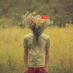 Surreal Spring Portrait with Floral Headpiece, Symbolizing Growth and the Essence of Nature