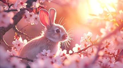 Rabbit among sakura flowers at dawn