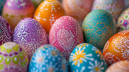 Fototapeta na wymiar A close-up of intricately decorated Easter eggs showcasing detailed patterns and vibrant colors.