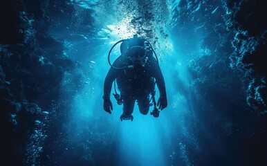 Naklejka na ściany i meble A fearless divemaster, equipped with fins and an oxygen mask, explores the mysterious depths of the underwater world in their dry suit