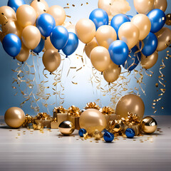 Sudio Photo of Golden and Blue Metallic Balloons Confetti Ribbons Arranged Festively for Occasion