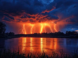 A mesmerizing scene of the night sky ablaze with lightning, reflecting off the tranquil waters of a lake as the sun sets behind a stormy horizon