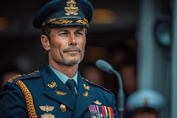 A stern naval officer, donning a crisp military uniform and a peaked cap, exudes authority and commands respect as he stands proudly in front of a government agency, embodying the strength and dedica