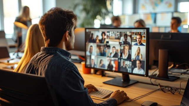 A Person Is Attending A Virtual Meeting With Multiple Participants Displayed On A Large Monitor In An Office Setting.