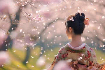 Elegant Woman in Traditional Attire Admiring Cherry Blossoms, Spring Beauty in Bloom