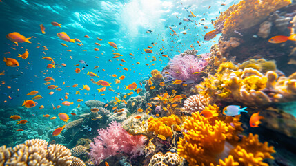 Fototapeta na wymiar A coral reef underwater scene teeming with colorful fish and coral.