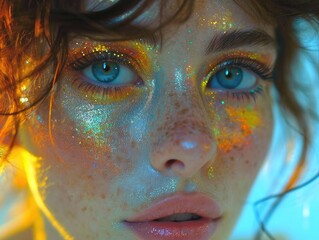 A mesmerizing portrait of a woman with a sprinkle of freckles and a touch of glitter, highlighting her stunning eyes and defined features, creating a whimsical and enchanting look