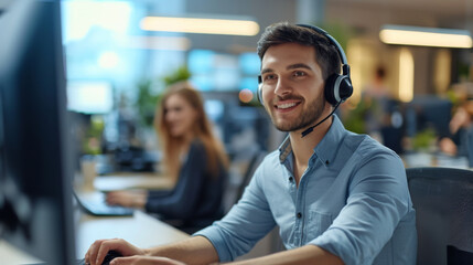 Cheerful young man wearing a headset and working at a computer, in a customer service or call center environment. - obrazy, fototapety, plakaty