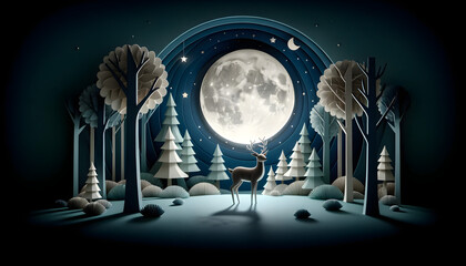 A 3D digital art piece depicting a deer standing in a forest at night under a full moon. The style of the artwork is surrealistic