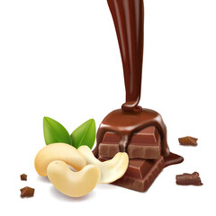 Cashew nuts and liquid pouring chocolate. Nuts and chocolate bar pieces 3d realistic vector