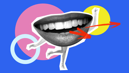 Personal growth and transformation. Giant female smiling mouth dancing on long slender legs....