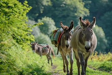 Two donkeys trotting on a meadow with colorful saddlebags