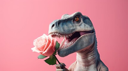 Dinosaur holding roses in love on pastel background. Valentine's day-wedding. greeting card. presentation. advertisement. copy text space. 