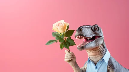 Fototapeten Dinosaur holding roses in love on pastel background. Valentine's day-wedding. greeting card. presentation. advertisement. copy text space.  © CassiOpeiaZz