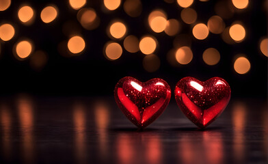Obraz premium Two small red heart on a sparkling black background, Valentine's Day, Christmas. Generative AI