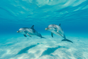 Deux dauphins nageant côte à côte dans une mer claire turquoise et peu profonde au-dessus d'une surface sablonneuse