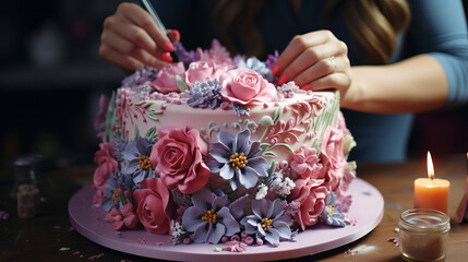 Confectioner adding details to beautiful cake decorated with edible sugar and cream flowers